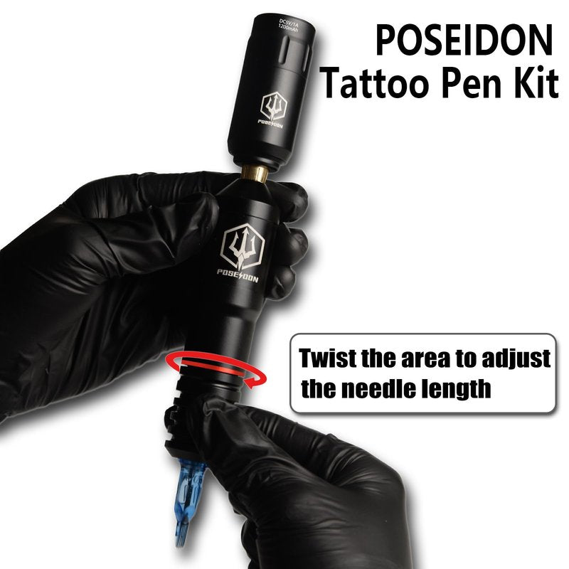 POSEIDON Cordless Rotary Tattoo Machine Kit with 20 Tattoo Cartridge Needles, Ink Set & 2 Rechargeable Batteries | Professional Portable Tattoo Gun for Beginners | Complete Starter Supplies(HM073)