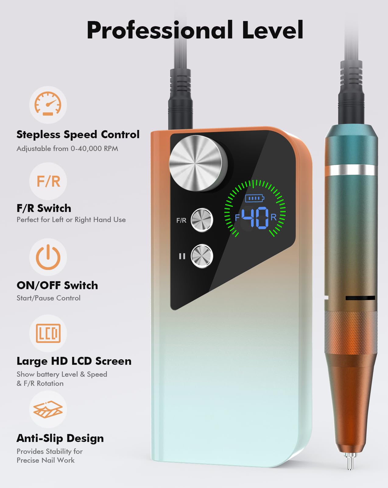 HOMEASY Nail Drill 40000RPM - Rechargeable Nail File with Bits, Professional E-Filer for Acrylic Nails, Gel Polishing, Manicure & Pedicure E File with Large HD LCD Screen - M96 Orange