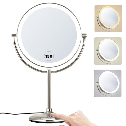 M MIVONDA Makeup Mirror with Lights,1X/15X Brushed Nickel Large Magnifying Mirror with Light, 360°Double Side Mirror,3 Color Lights & Adjustable Brightness Vanity Mirror,Gift for Christmas Day