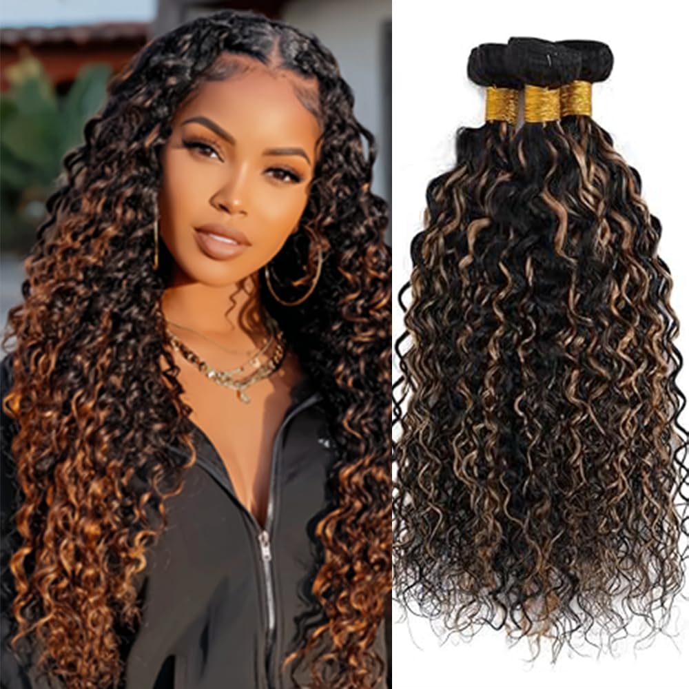BilltiiWW P1B30 Highlight Kinky Curly Bundles Black Mixed With Light Brown Curly Bundles two tone Brazilian Wavy Weave With Soft and Silky for Women 8 10 12 Inch