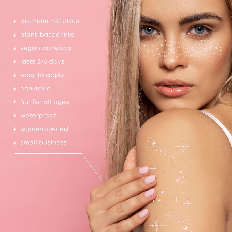 Flash Tattoos STARLIGHT VARIETY Pink Glitter Face Freckles and Body Tattoos – 25 Premium Celestial Metallic Patches with Cosmic Stars & Moons - Festival & Concert Makeup, Parties, Ethereal Beauty