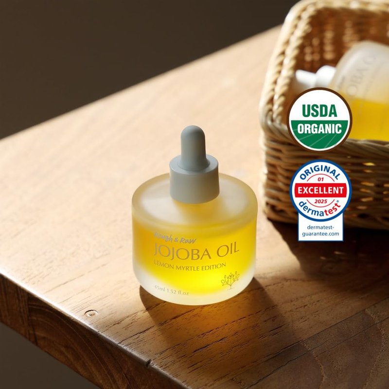 ROUGH & RAW USDA Organic Jojoba Oil with Lemon Myrtle -100% Pure Cold Pressed Unrefined Golden Jojoba for Face, Body, Hair & Nails - Fresh Citrus Scent, Vegan, Cruelty-Free (1.52 fl.oz)