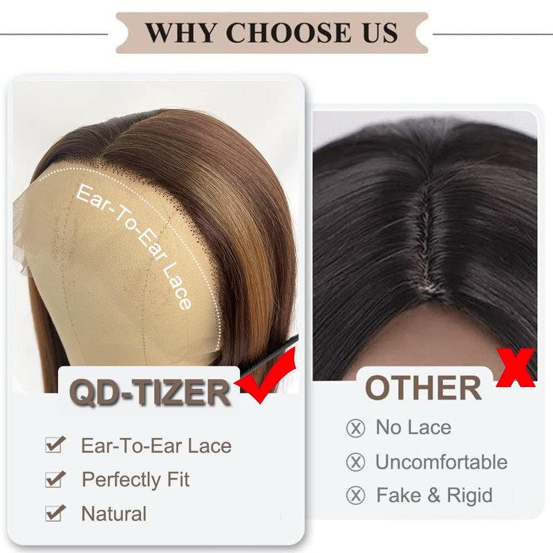QD-Tizer Brown Hair Color Lace Front Wig Long Straight Hair Wigs Honey Blonde Face Framing Highlights Heat Resistant Synthetic Lace Front Wigs for Fashion Women