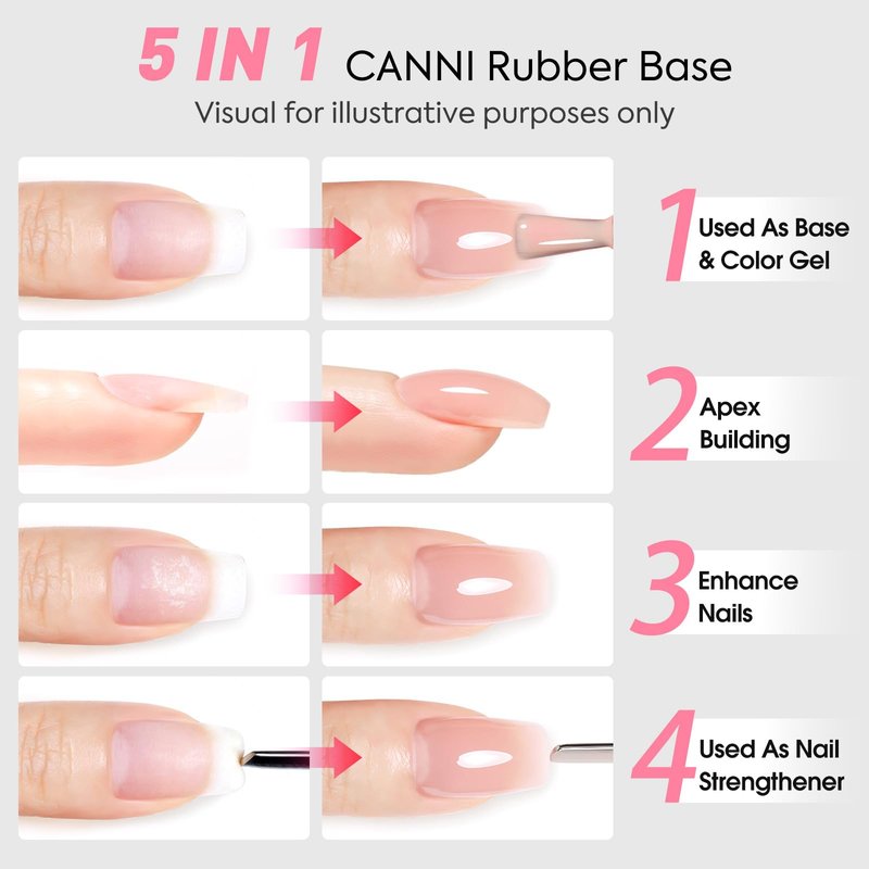 CANNI Rubber Base Gel Set - 6 Colors Milky White Clear Pink Nude Builder Nail Gel for Nail Strengthening, Soak Off UV LED for Natural Nails, DIY Manicure Salon Use Women & Girls