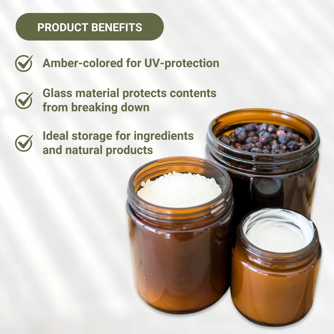 Nature Packaged Glass Amber 2oz Jar - 12 Packs, Lead-Free Empty Round Jars For Beauty Products, Lotion, and Powders - Black Lid - Small Candle Jars