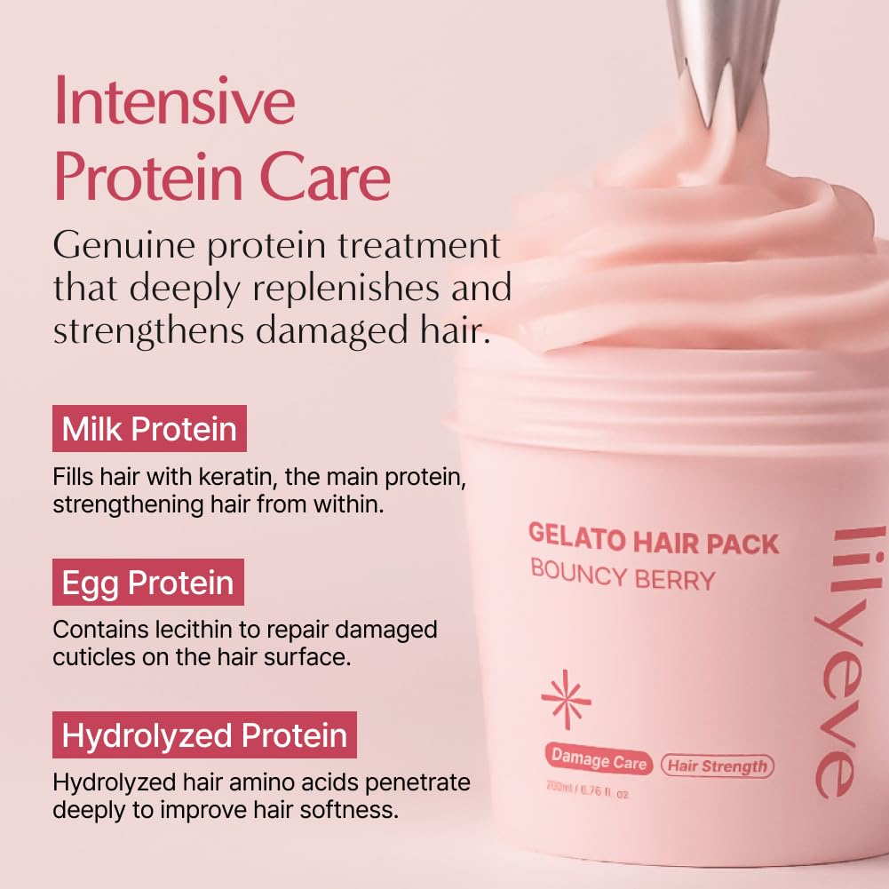 lilyeve REPAIRTURN Gelato Hair Pack, Milk, Egg & Protein for Hair Repair, Hair Mask for Split End Smoothing, Damaged Hair Treatment, Boost Hair Elasticity - Korean Hair Care, Bouncy Berry 6.76 fl.oz