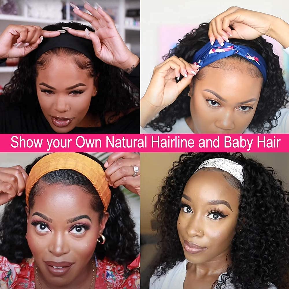 mengkai Deep Wave Lace Front Wigs Human Hair For Women Headband Wig Human Hair Deep Wave Glueless None Lace Front Wig Curly Headband Half Wigs for Women Brazilian Virgin Machine Made Wig 12 Inch