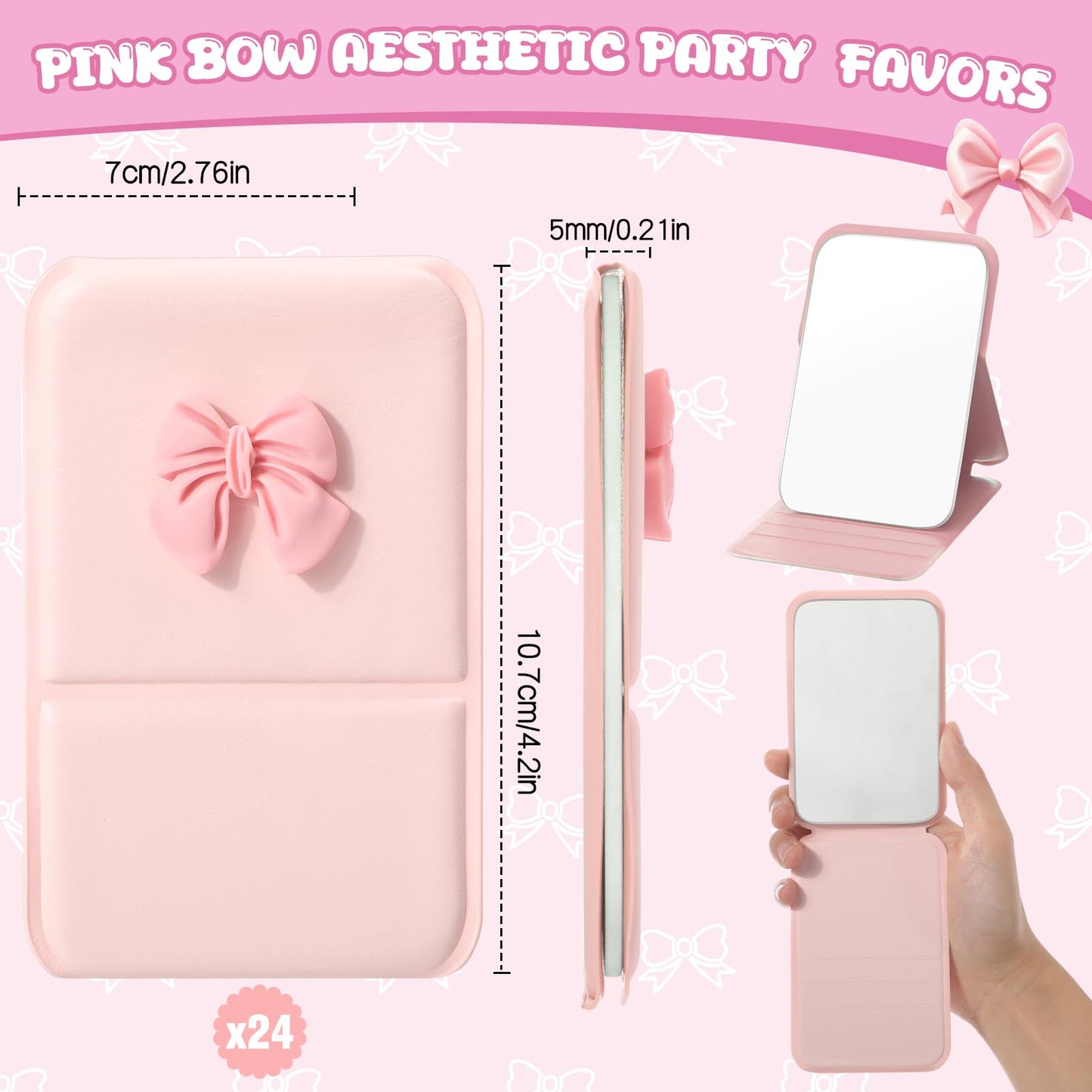 Amyhill 24 Pcs Bulk Mini Folding Bow Mirror Compact Fold Mirror Preppy Bow Gift for Women Birthday Bridal Shower Bachelorette Graduation Party Supplies(Folding,Pink)