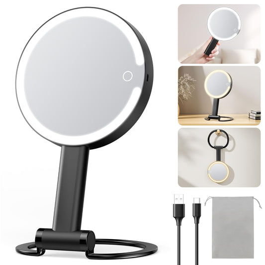Gospire Magnifying Travel Makeup Mirror with Light 10X 1X Magnifition 2-Sided Lighted Vanity Mirror Rechargeable 3 in 1 Hand Held Desk Hanging, 3 Color Dimmable Lights, Black