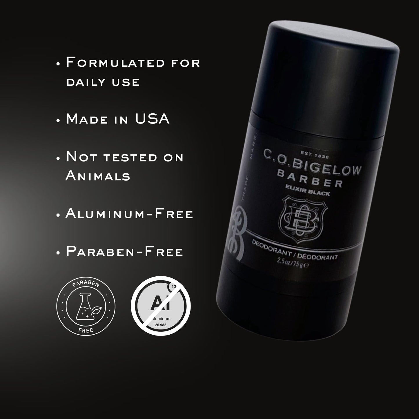 C.O. Bigelow Elixir Black Aluminum Free Deodorant for Men, Musk & Vanilla Scented Non Toxic Deodorant, Gel Stick Formula, 2.5oz