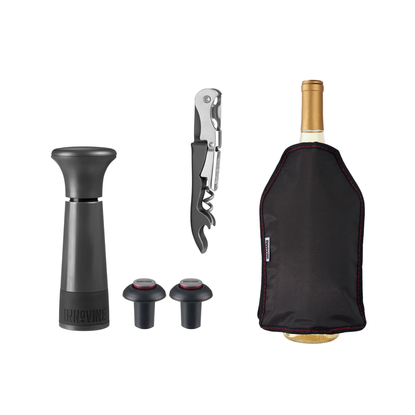 Chilled Wine Pro 5-Piece Gift Set, Graphite – Vacuum Pump Wine Saver with 2 Stoppers, Double-Hinge Waiter’s Corkscrew, Freeze Gel Wine Bottle Sleeve | Preserve, Uncork & Chill