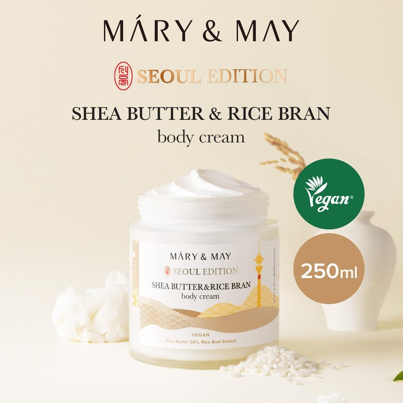 Mary&May SEOUL EDITION Shea Butter & Rice Bran Body Cream - Korean Vegan Boby Moisturizer for Dry and Sensitive Skin with Ceramide - Fragrance Free Body Butter, 8.45oz.