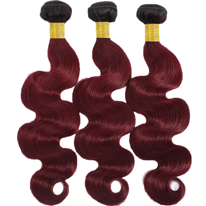 Ombre Human Hair Bundles Burgundy Body Wave Bundles Human Hair Red Bundle 12 14 16 Inch Soft And Healthy Brazilian Virgin Remy Hair Extensions Double Weft 3Pcs/Set Deals