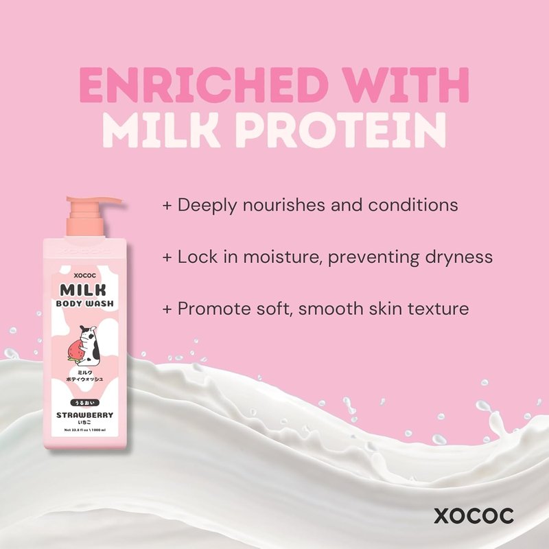 Strawberry Milk Body Wash - Moisturizing Cleanser with Milk Protein & Strawberry Scent | 33.8 fl oz, Paraben Free