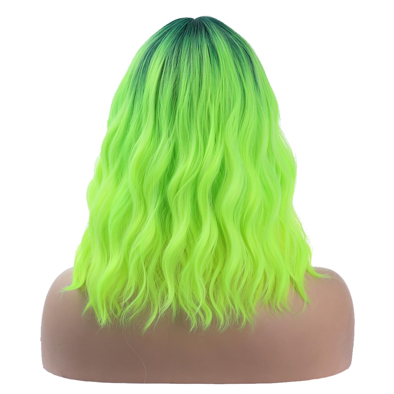 incohair Ombre Green Wigs for Women 14 Inches Short Wavy Neon Green Wig With Bangs Fluorescent Green Short Wigs for Cosplay Party Daily Wigs Wig Cap Included