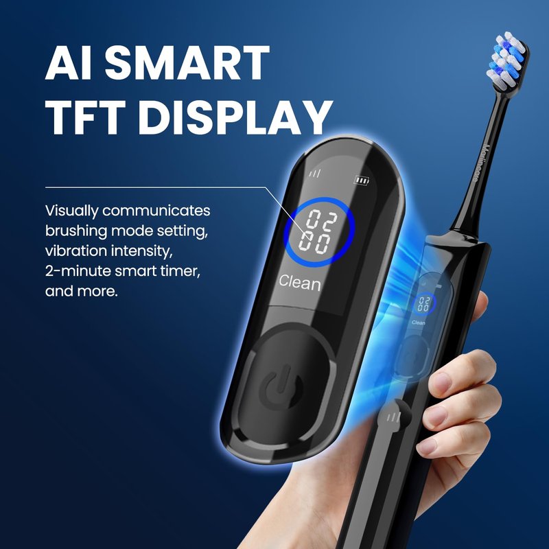 Marlincare Electric Toothbrush, Sonic Toothbrush for Adults Teens with Pressure Sensor, AI Zone Cleaning Tracking, 5 Modes & 3 Intensities, 180 Days Battery Life, 4 Brush Heads with Travel Case, Black