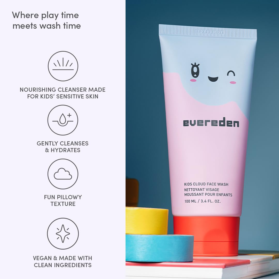 Evereden Kids Cloud Face Wash: Tropical Sorbet, 3.4 fl oz & Kids Face Cream: Cool Peach, 1.7 oz. | Creamy & Fun Skin Care for Toddlers | Easy-to-Use Face Wash & Cream | Non-toxic and Safe Skin Care