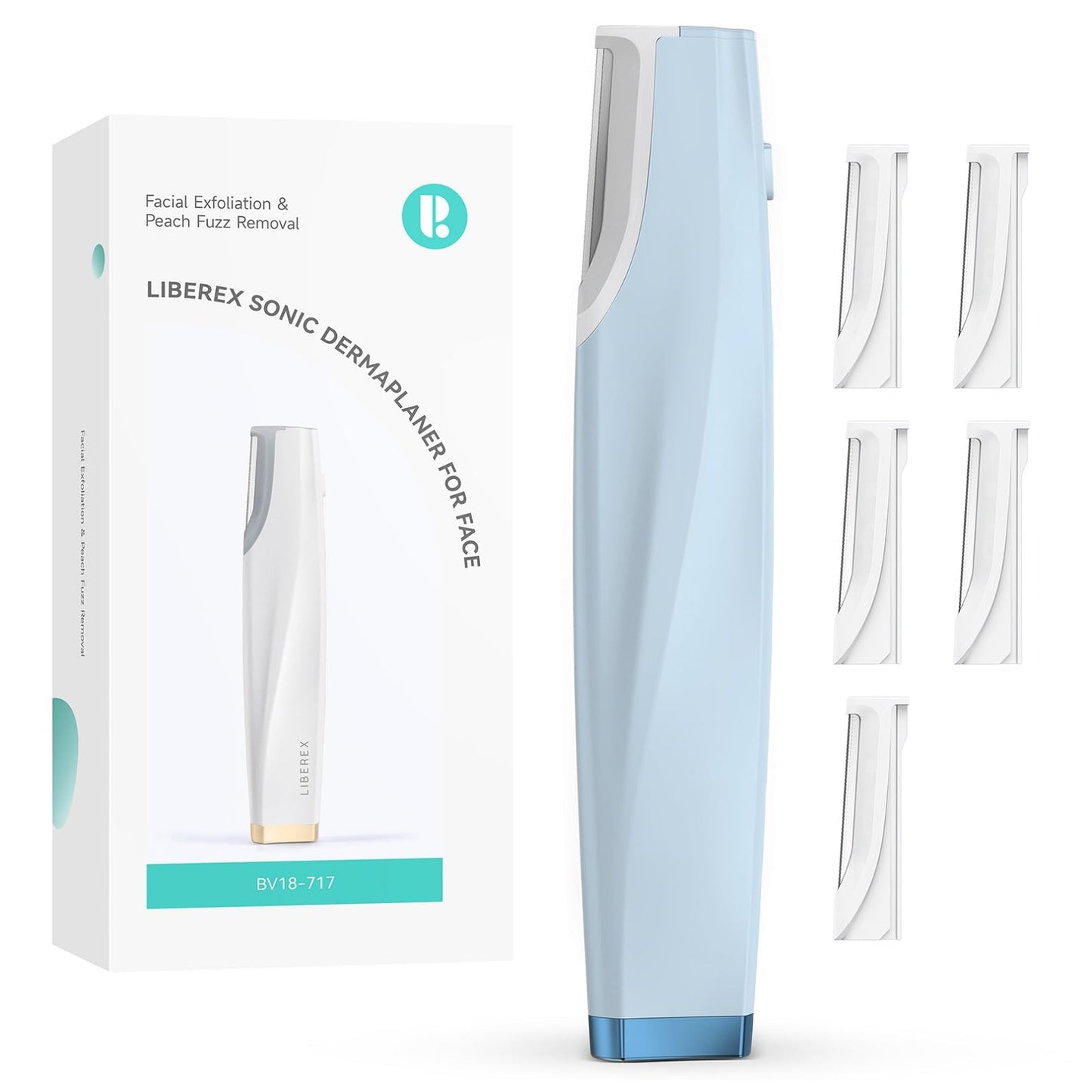 Sonic Dermaplaning Tool for Face - Rechargeable Dermaplane Razor with 6 Refill Dermablades, Facial Hair & Peach Fuzz Remover for Women (Blue)