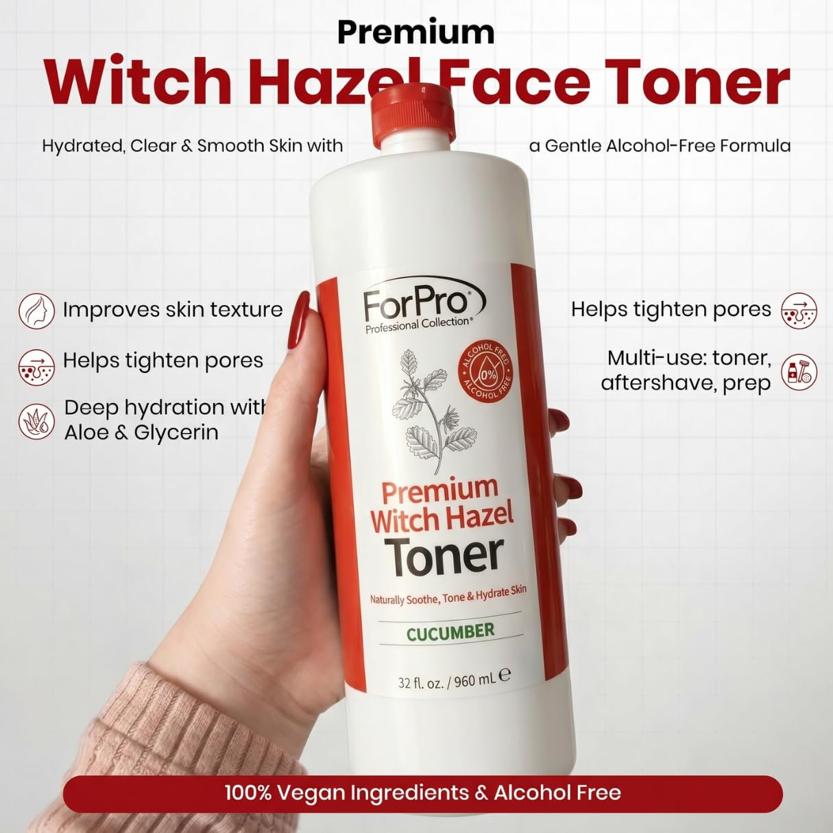 ForPro Witch Hazel Facial Toner, 32 Fl Oz – Cucumber Scent, Alcohol-Free with Aloe Vera & Glycerin, Pore Minimizing Hydrating Astringent for Sensitive Skin, Vegan & Cruelty-Free