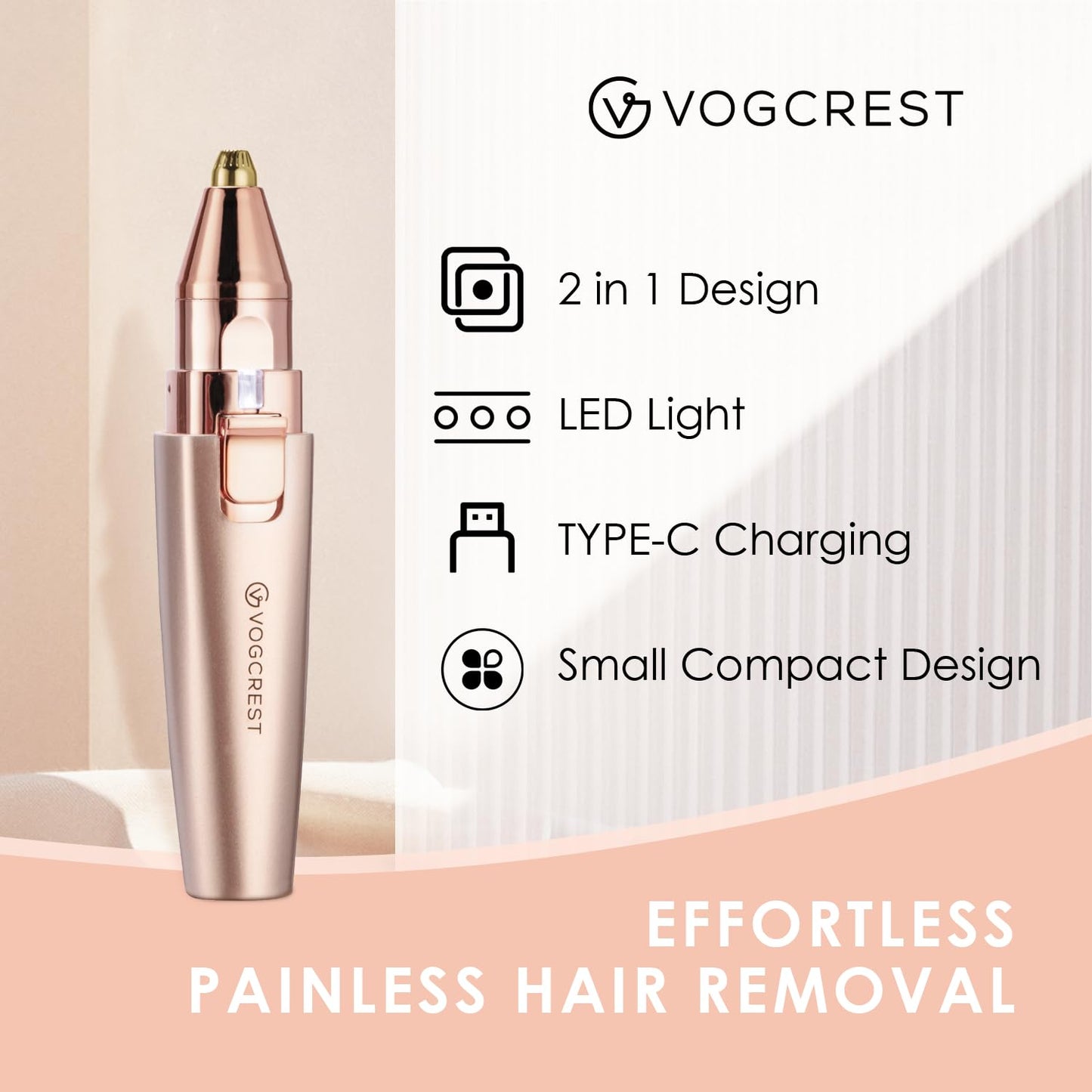 VG VOGCREST 2 in1 Eyebrow Facial Trimmer with Replacement Heads - Rechargeable Facial Hair Removal and Eyebrow Shaver - Face Lips Body Painless Facial Razor with Built-in LED Light (Rose Gold)