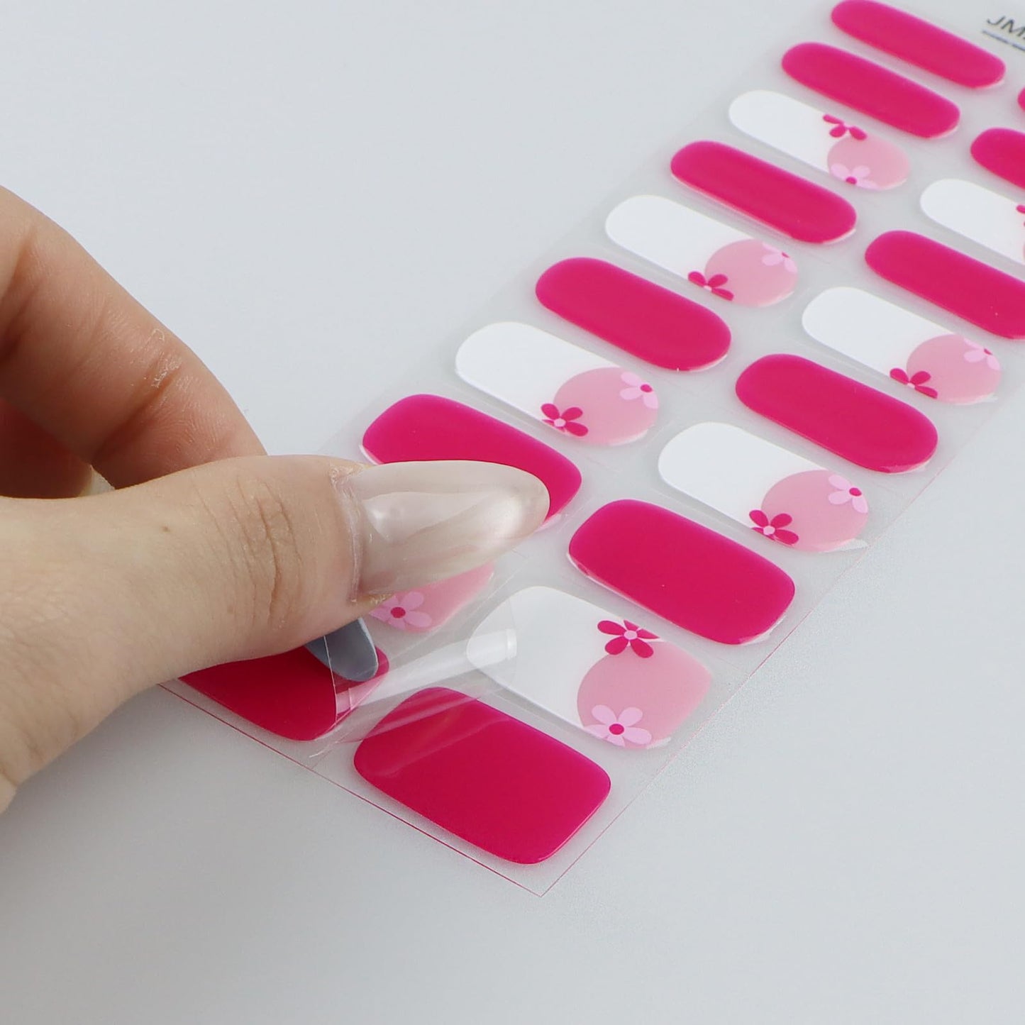 JMEOWIO Gel Nail Stickers Pink Flower French Tip Semi Cured Gel Nail Strips Wraps UV/LED Nails Art Design Decoration Accessories