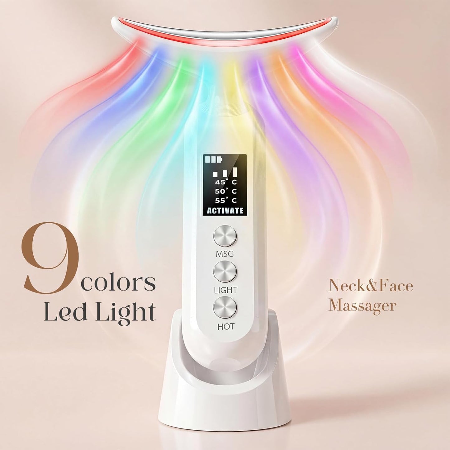 LED Face Massager - 9-Color Facial Device for Neck Wrinkles | Vibration Tool for Skin Care, White