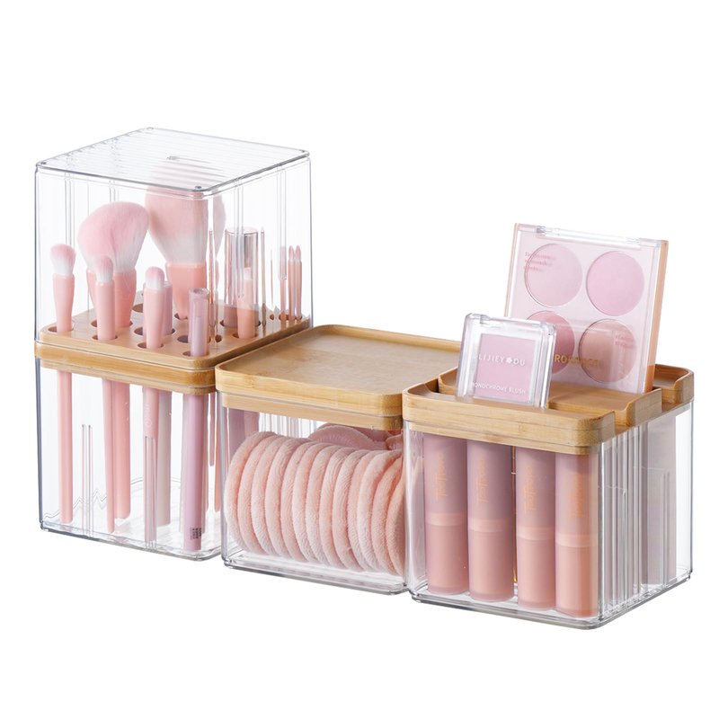 Makeup Brush Holder Comb with Cover Makeup Containers Organizers Set Makeup Holder Box Cosmetic Case With Lid Waterproof Dustproof Beauty Skincare Organizer Bathroom Vanity Countertop,Gift,Clear,3PCS