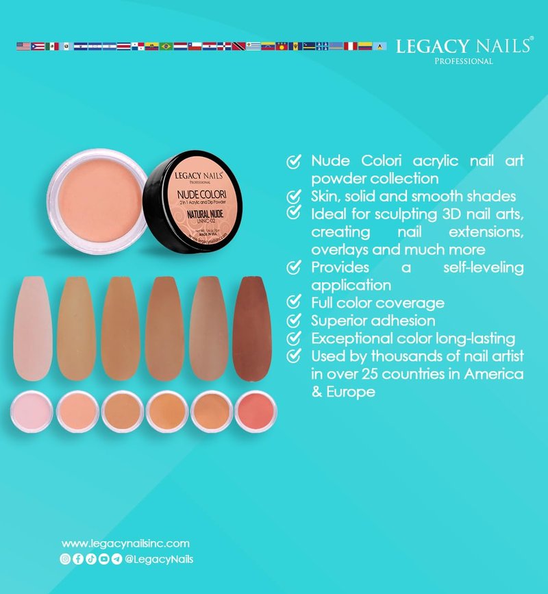 Legacy Nails Professional ACRYLIC NAIL POWDER COLLECTION - High-Pigment Formula, Long-Lasting Wear & Salon-Quality Nail Art, Extensions, and Sculpting (NUDE COLORI COLLECTION)