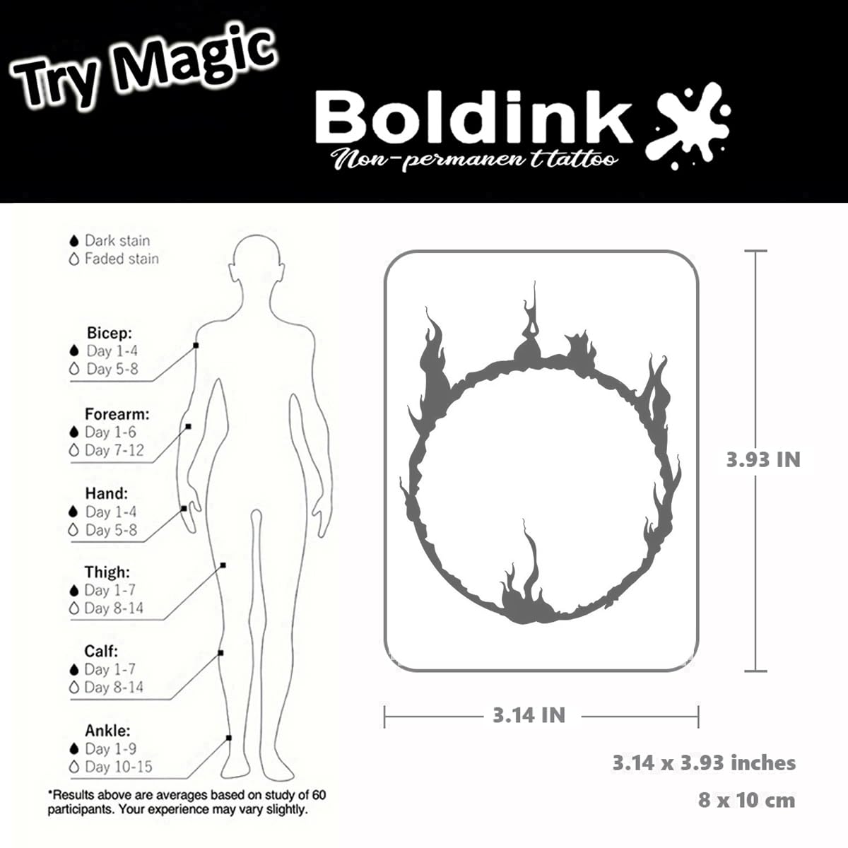 Boldink Temporary Tattoos, semi permanent tattoos, 15-day long lasting tattoo sticker, waterproof and anti-reflective, unique design(flame)