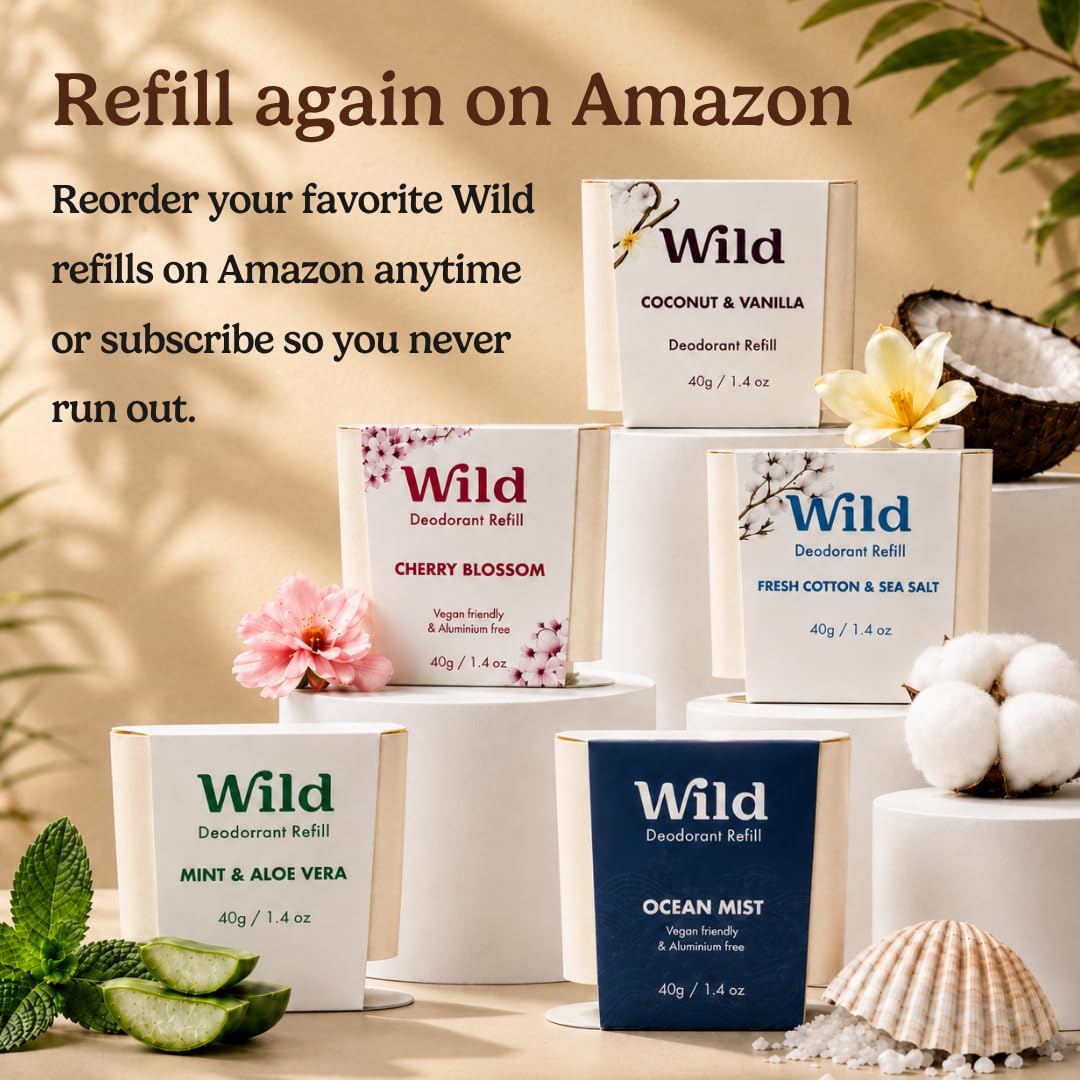 Wild Aluminum Free Natural Deodorant Ultimate Starter Kit - Black Case - Natural Ingredients & 24 Hour Odor Protection - Women & Men's - Variety of Scents - Case + 5 Refills