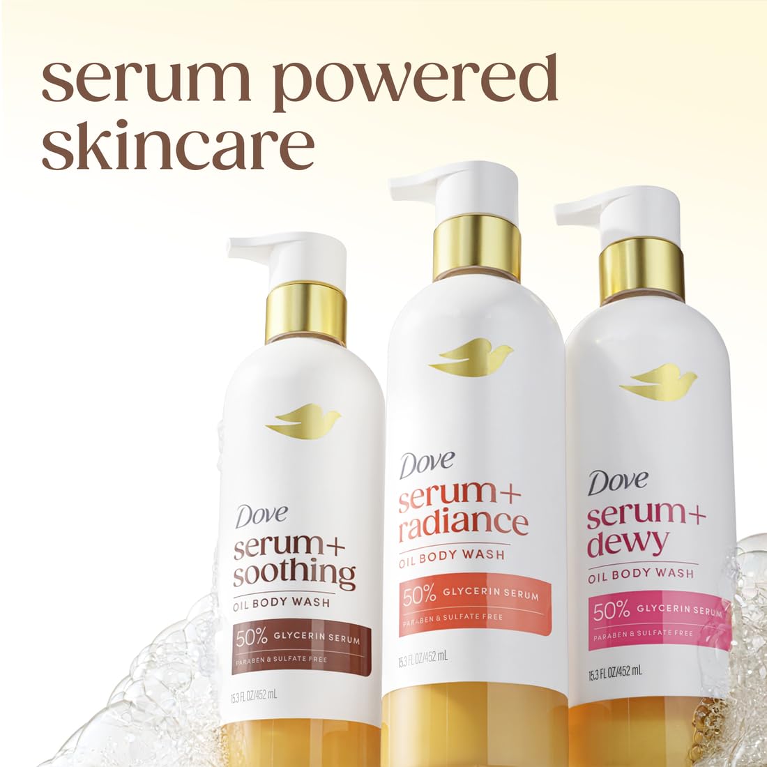 Dove Serum+ Shower Oil Body Wash with Glycerin Serum, Almond Oil & Sandalwood, Soothing Hydrating Cleanser, 15.3 fl oz
