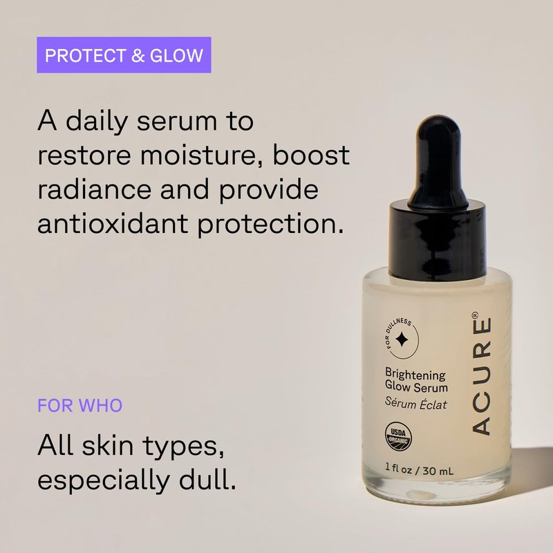 Acure Brightening Glow Serum - Anti Aging Face Serum, Bright Glow for Women & Men, Facial Skincare with Argan Oil and Cranberry Seed Oil, Vegan & Cruelty Free - 1 fl oz