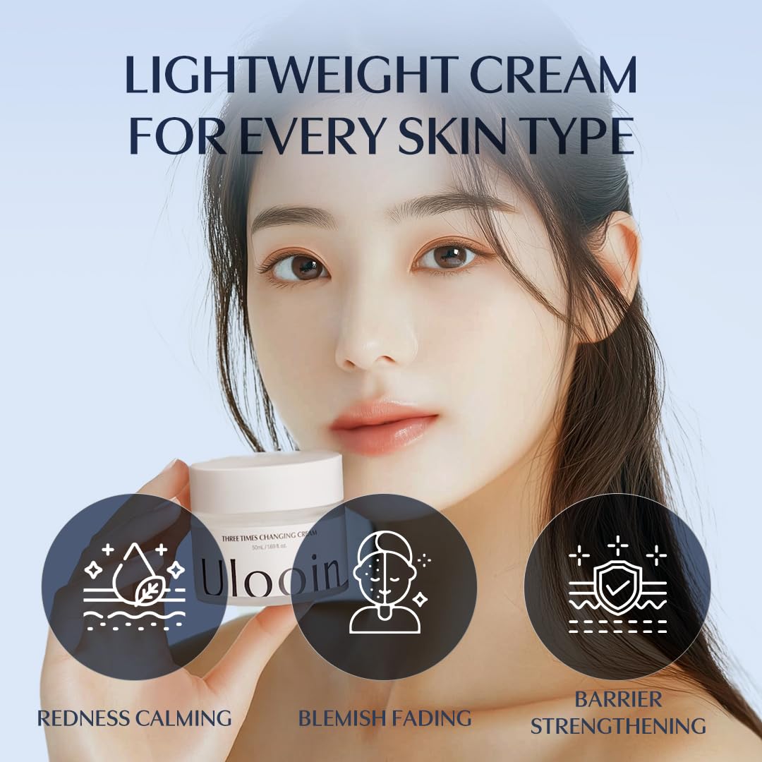 Ulooin Three Times Changing Cream – K-Beauty Moisturizer with Ceramide, D-Panthenol & Chamomile | Soothing, Hydrating, Blemish Care & Skin Barrier Repair for Clear, Balanced Skin