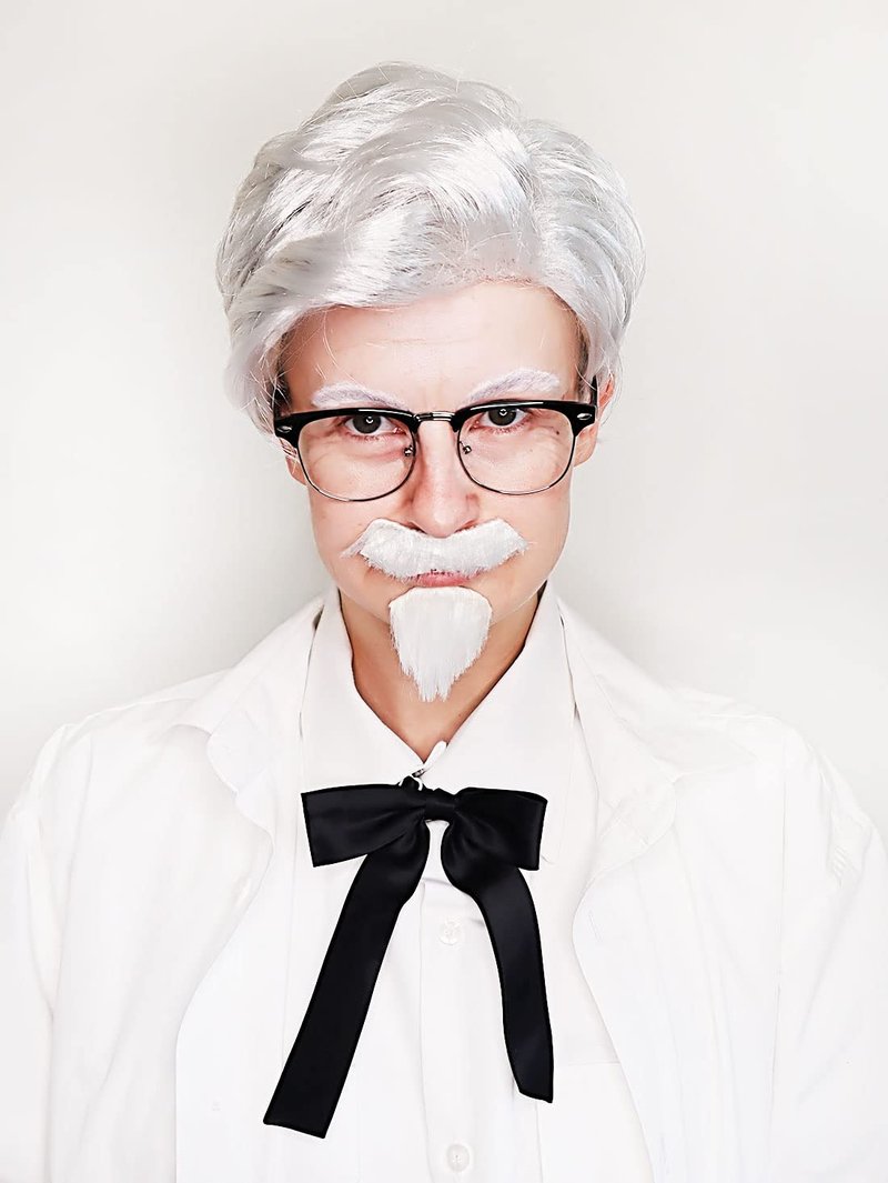 ALLAURA Compatible with Colonel Sanders Wig – Old Man Costume Set with White Wig, Beard, Mustache, Glasses & Tie – Realistic Hair for Adults, Funny Fast Food Icon Look, Halloween Cosplay, Party Outfit