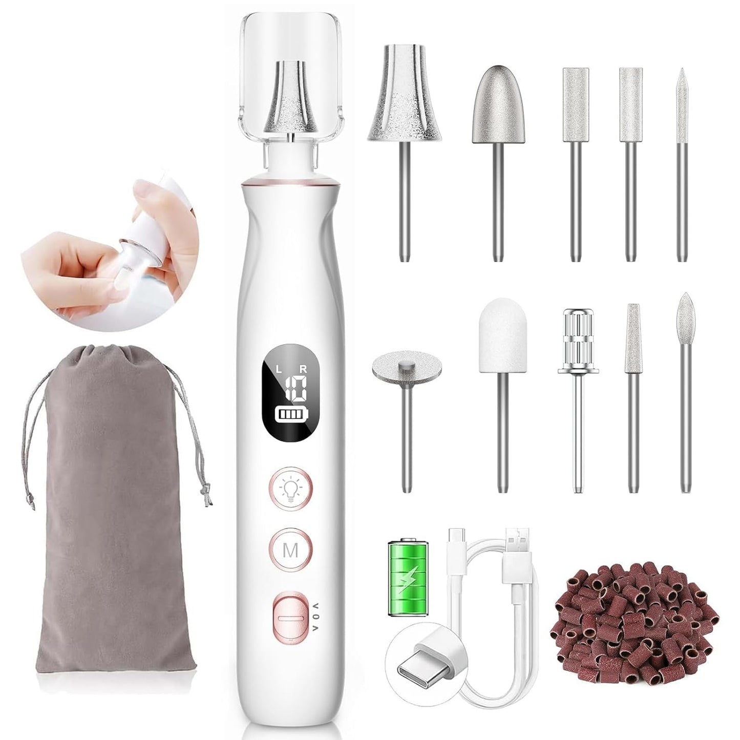 HSKAI Nail Drill, Electric Nail File with LCD & Lamp, Long-Lasting Thick Toenail Grind, Rechargeable & Cordless Toe Nail Tools for Women & Men Manicure and Pedicure Gifts