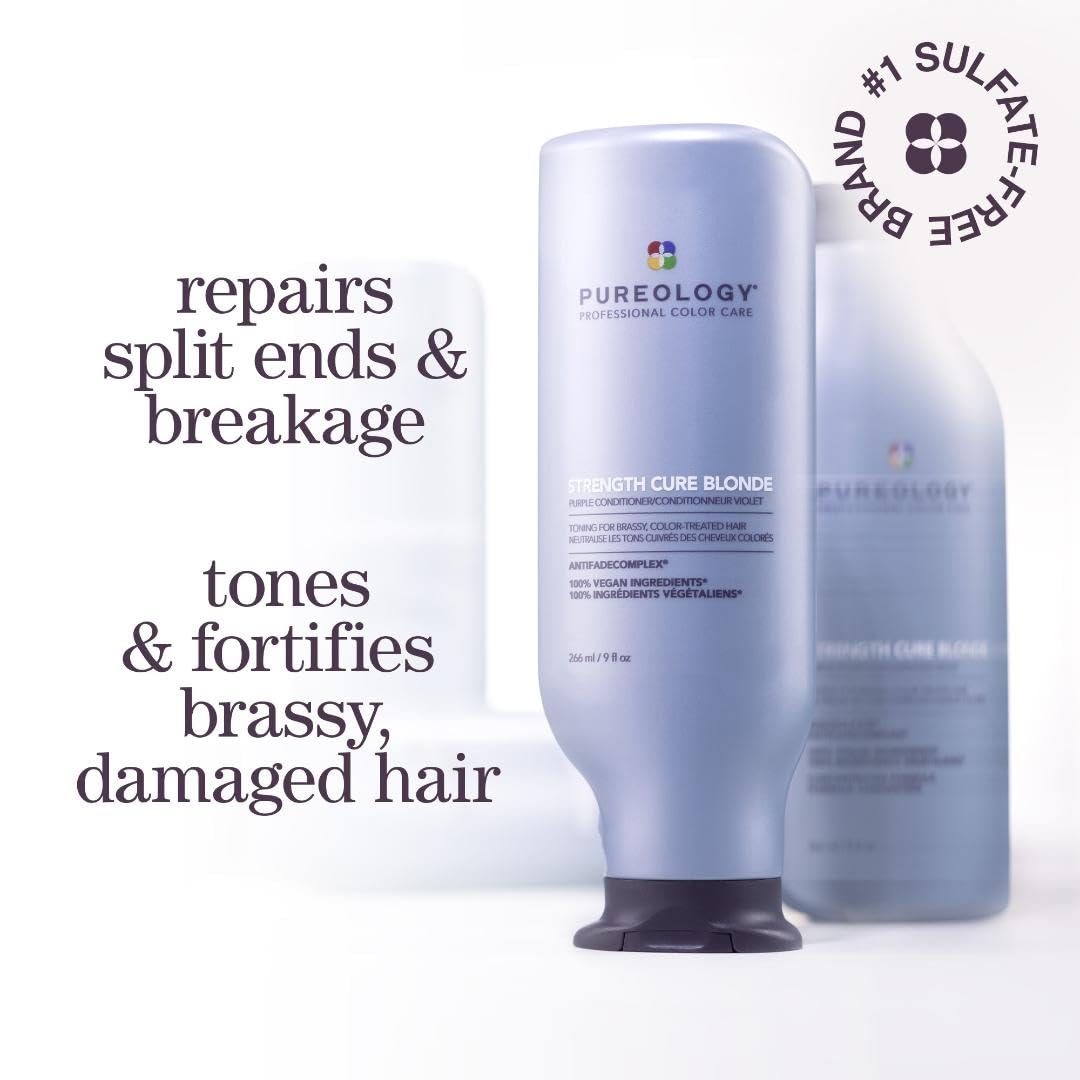 Pureology Strength Cure Blonde Purple Shampoo & Conditioner Bundle | For Blonde & Lightened Color-Treated | Sulfate-Free | Vegan | Updated Packaging | 9 Fl. Oz.