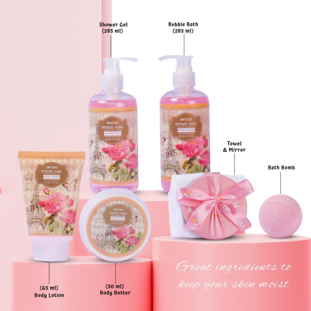 Draizee Heel Shoe Spa Gift Basket for Women, 8 Pc British Rose Scented