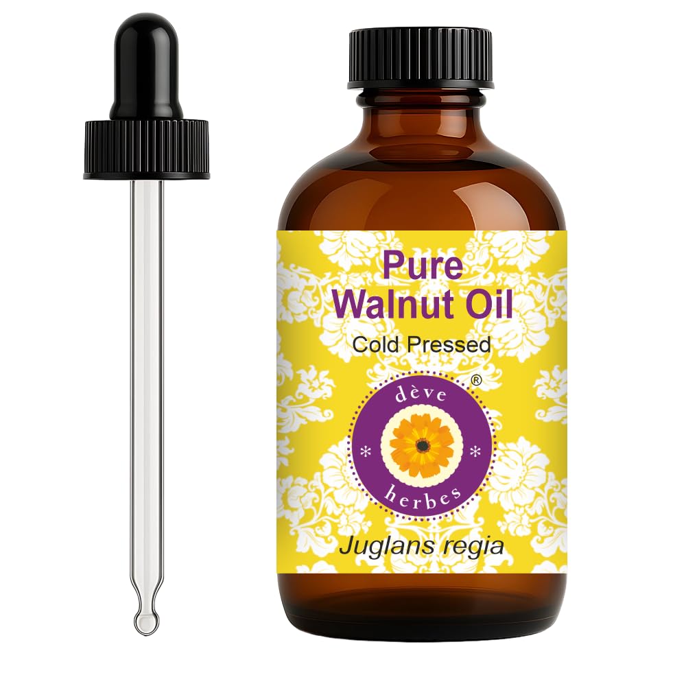 dève herbes Walnut Oil (Juglans regia) with Glass Dropper | Cold Pressed | Pure | Natural | For Diluting Essential oils | For Hair, Skin & Massage | Non-Sticky| Lightweight| Unisex | 120ml (4 oz)