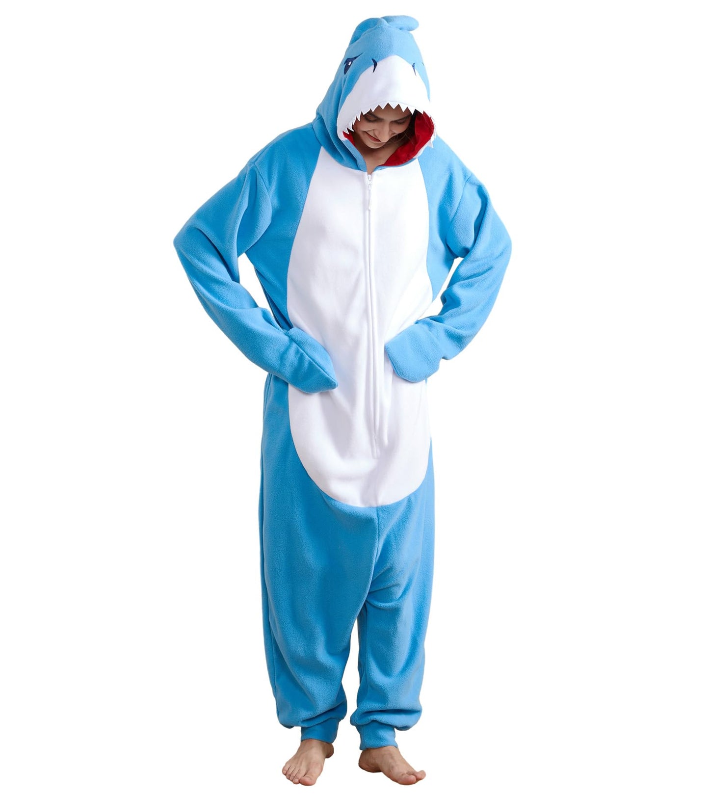 Focupaja Shark Pajamas Adult Animal Cosplay Costume One Piece Cartoon Homewear Sleepwear Onesie for Women Men Dark Blue XL