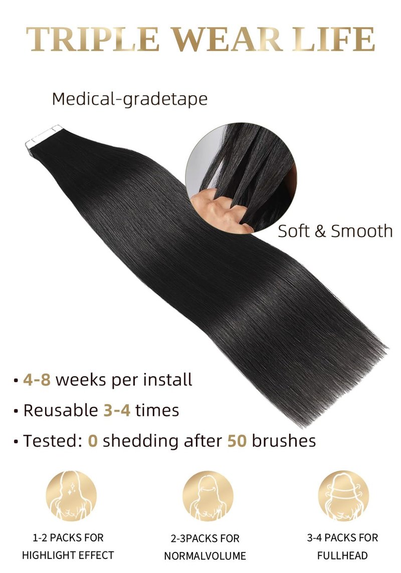 Real Human Hair Tape-In Extensions - 16 Inch, 20 Pcs, Jet Black | Seamless & Invisible Double-Sided Design