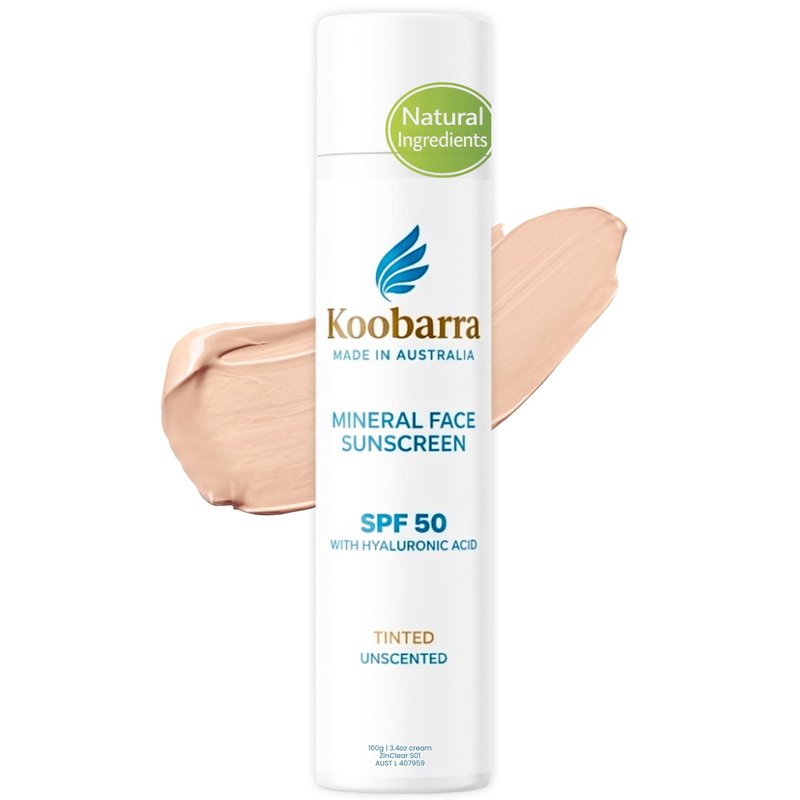 Koobarra Mineral Face Sunscreen SPF 50, Tinted Aussie Zinc Oxide Sunblock, Hydrating Hyaluronic Acid, Reef Safe, Natural, Organic, Vegan, Australian Made, Nourishing, Unscented, 100g 3.4oz