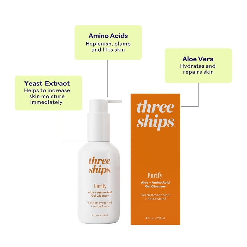 Three Ships Purify Aloe Gel Cleanser - Moisturizing & Gentle for Sensitive Skin | 4 fl oz | Vegan & Cruelty-Free