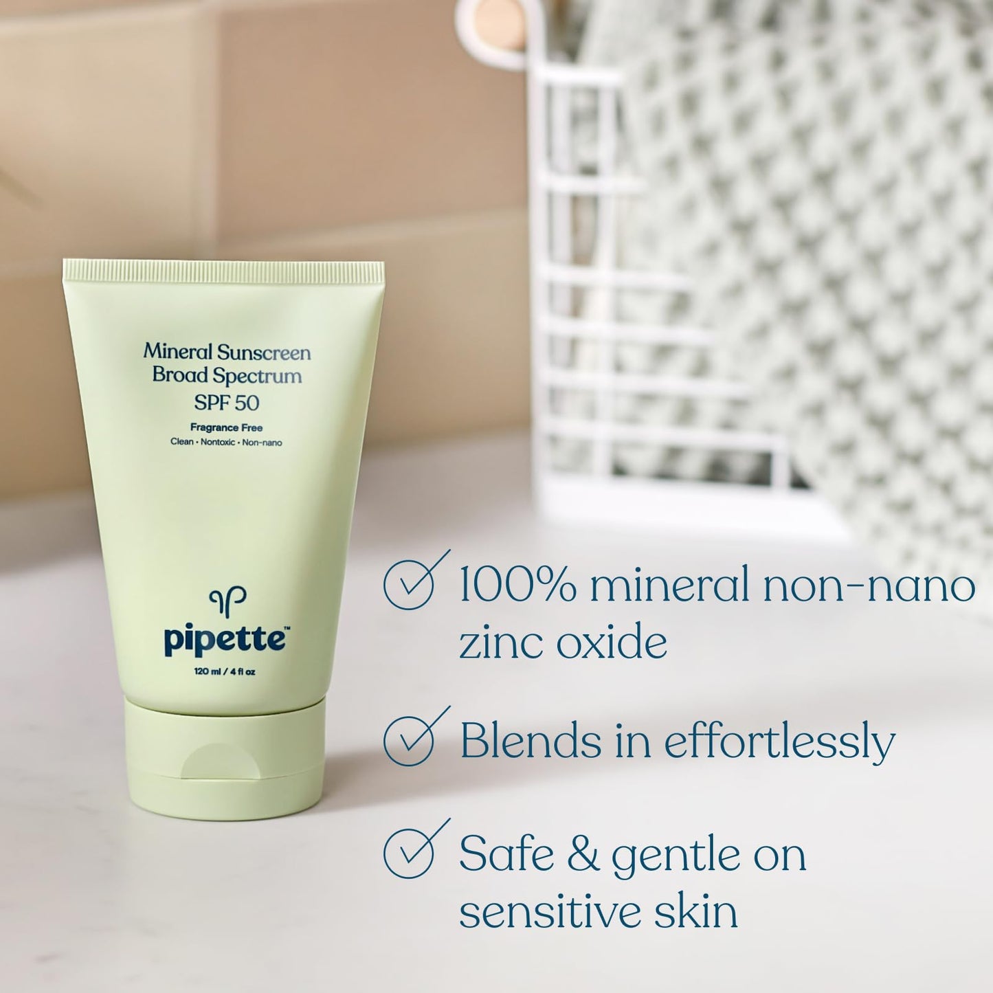 Pipette Mineral Sunscreen - SPF 50 Broad Spectrum Baby Sunblock with Non-Nano Zinc, UVB/UVA Non-Toxic Sun Protection for Kids & Sensitive Skin