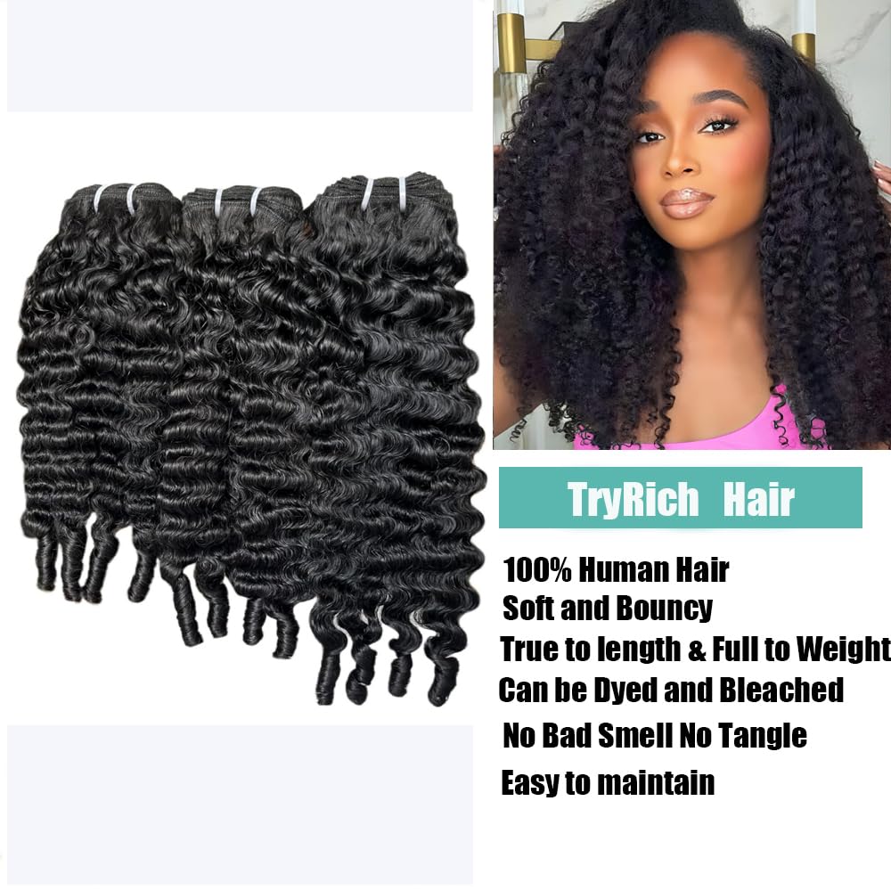 TryRich Burmese Curly Bundles Human Hair 14 Inches 3C4A Water Wave Quick Weave with Spiral Curly End 100% Unprocessed Kinky Curly Human Bundles in Hair Extensions Natural Black