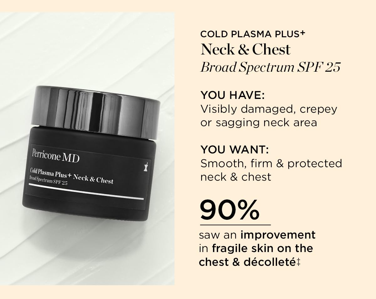 Perricone MD Cold Plasma Plus+ Neck and Chest Broad Spectrum SPF 25 – Neck Firming Cream for Tightening and Firming Sagging Skin – Wrinkle Cream for Crepey Skin & Decollete, 1 fl oz