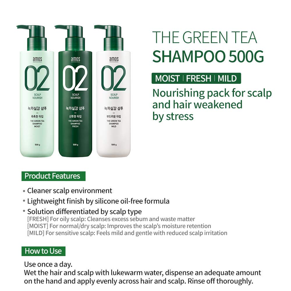 AMOS PROFESSIONAL The Green Tea Shampoo [Fresh - For Oily Scalp] 17.6oz (500g) | Anti-Thinning & Anti- Hair Loss Shampoo for Hair Growth and Cleanse Excess Sebum | Korean Hair Salon Brand