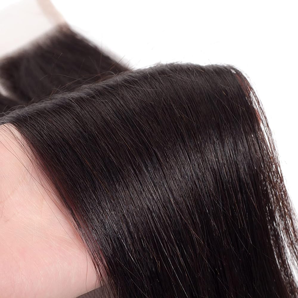 4X4 Straight HD Lace Closure Human Hair Extensions 12A Brazilian Virgin Remy 100% Unprocessed Human Hair Frontal Free Part Closure Only Pre Plucked With Baby Hair Natural Black 14 Inch
