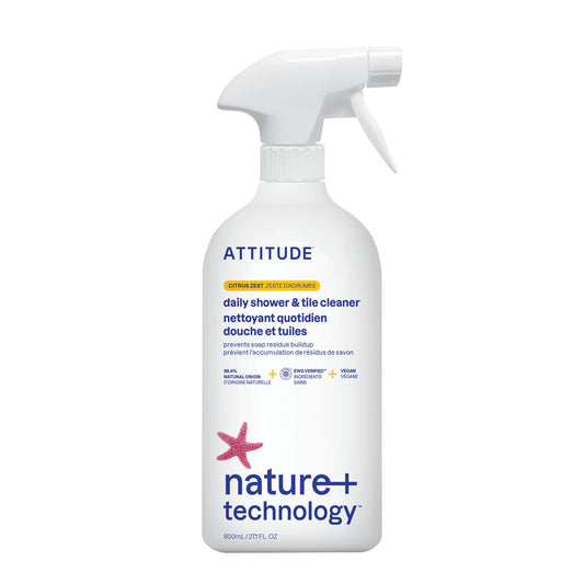 ATTITUDE Shower & Tile Cleaner Spray, EWG Verified, Bathroom Cleaner Removes Soap Scum & Grime, Plant-Based & Vegan, Citrus Zest Scent, 27.1 Fl Oz