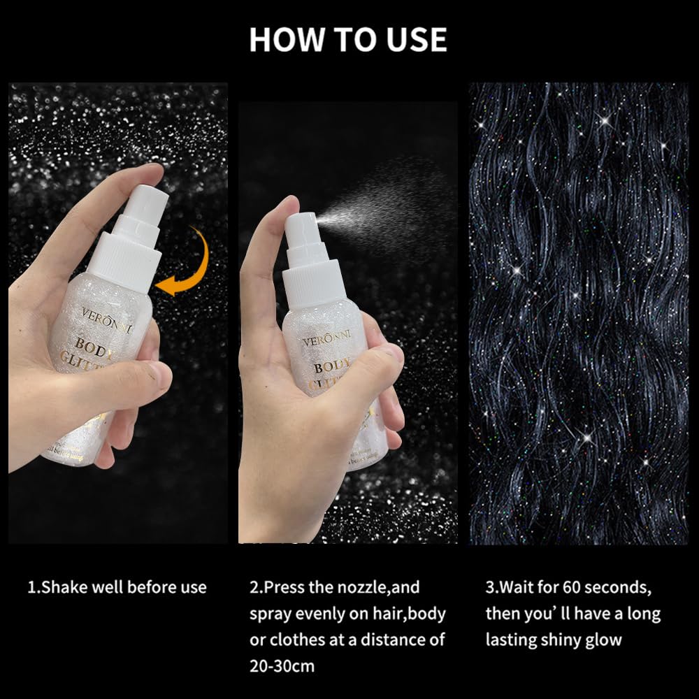 Body Glitter Spray for Face Hair Body, Silver White Body Shimmer Spray Sparkle Powder, Long Lasting and Quick-Drying Highlight Glitter for Stage, Festival, Party and Makeup
