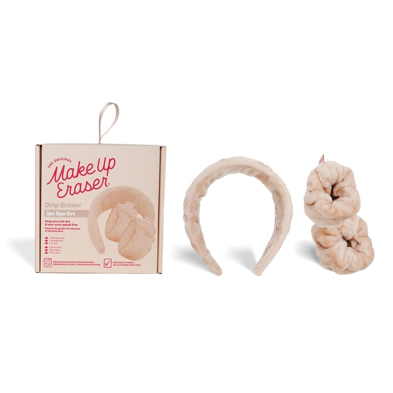 MakeUp Eraser Drip Eraser by The Original, Absorbent Headband and Wristbands Collect Water During Face Washing, 3 Piece Spa Set, One Size Fits Most, Sweet Cream